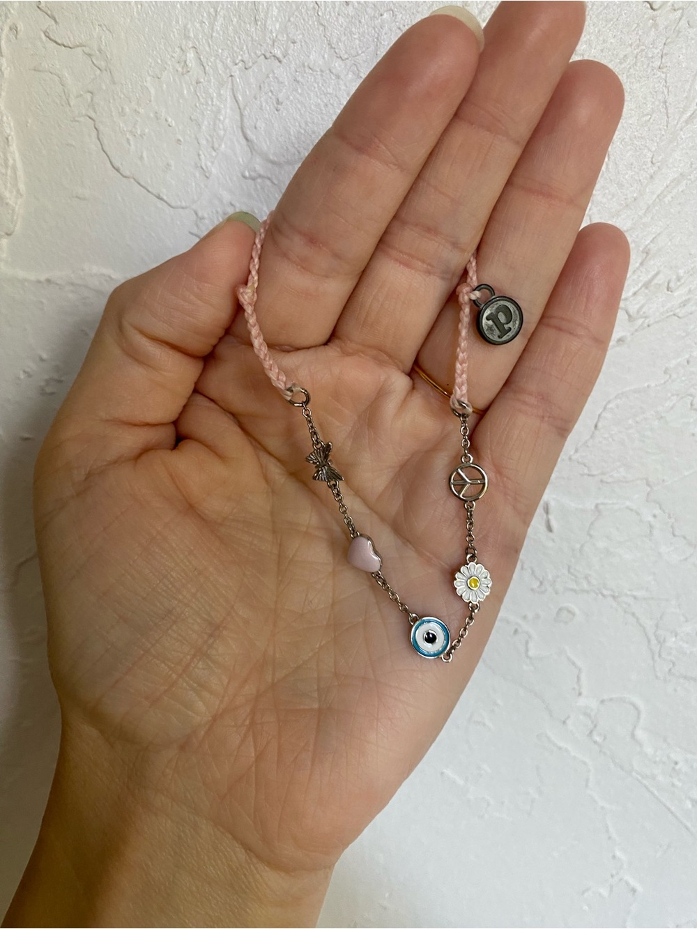 Pura Vida Pink Charm Bracelet with Peace Sign, Daisy, Eye, Heart & Butterfly